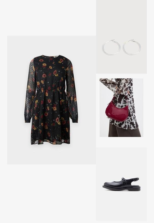 Vestido negro de flores hecho de tela transparente. Presenta mangas largas abullonadas, un escote redondo, una cintura elástica y un patrón de puntos con diversas flores.; Zapato estilo Mary Jane de cuero negro con dos correas ajustables con hebilla y una suela gruesa de goma ranurada.; Mujer con blusa de estampado en blanco y negro sosteniendo un bolso de hombro rojo brillante sobre un fondo liso.; Pareja de pendientes de aro plateados brillantes con cierres de alambre delgado, mostrados sobre un fondo gris claro.