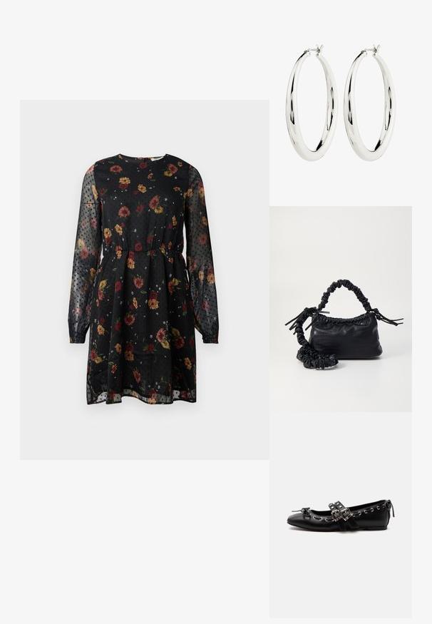 Vestido negro de flores hecho de tela transparente. Presenta mangas largas abullonadas, un escote redondo, una cintura elástica y un patrón de puntos con diversas flores.; Zapato de ballet plano negro con correas de doble hebilla, ojales plateados y un pequeño lazo cerca de la puntera redondeada sobre un fondo blanco.; Bolso de mano de imitación cuero negro con textura de cocodrilo, parte superior fruncida y correa arrugada. Presenta un diseño suave y compacto.; Pendientes de aro de plata con una superficie lisa y reflectante. Forma redonda y grande con un cierre seguro en la parte superior. El acabado pulido resalta el brillo.