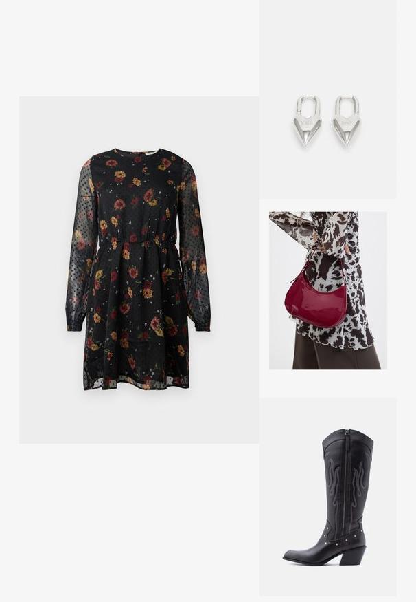 Schwarzes Blumenkleid aus transparenter Stoff. Es hat lange Puffärmel, einen runden Ausschnitt, einen elastischen Bund und ein gepunktetes Muster mit verschiedenen Blumen.; Schwarze Cowboy-Stiefel aus Leder mit spitzer Zehenpartie, sichtbarer Nahtführung, silbernen Nietenakzenten und Reißverschluss auf der Innenseite.; Frau trägt eine schwarz-weiß gemusterte Bluse und hält eine glänzende rote Schultertasche vor einem einfarbigen Hintergrund.; Silberne herzförmige Vorhängeschlösser mit eingravierten "JA"- und "NEIN"-Texten, polierte Oberfläche, symmetrisches Design und einem robusten Metallverschluss.