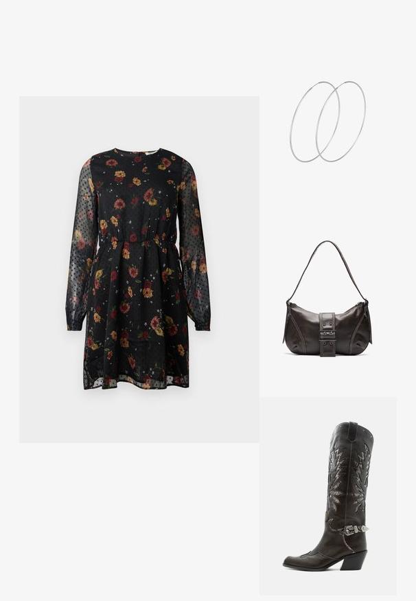Vestido negro de flores hecho de tela transparente. Presenta mangas largas abullonadas, un escote redondo, una cintura elástica y un patrón de puntos con diversas flores.; Bota cowboy de cuero negro con recortes decorativos, hebilla plateada y tacón inclinado, presentada sobre fondo blanco.; Bolso de hombro de cuero marrón con forma curva, que presenta un prominente detalle de hebilla, costuras en contraste y una sola correa para el hombro.; Pendientes de aro plateados con un diseño minimalista. Forma circular, textura suave y perfil delgado. Livianos con un acabado pulido.
