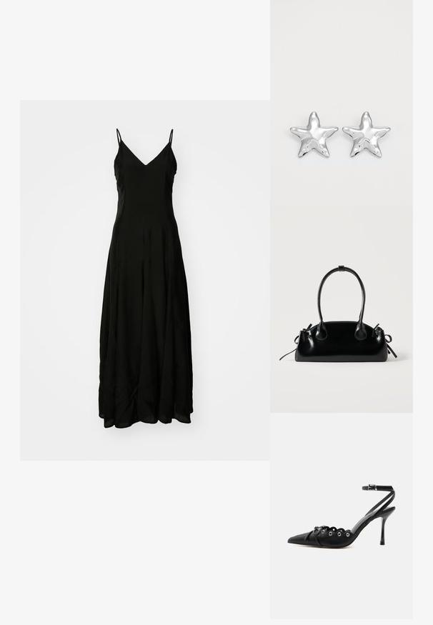 Zwarte maxi-jurk met spaghettibandjes, v-hals, vloeiende silhoët, een soepele textuur en een subtiel draperingdetail aan de zoom.; Zwarte pumps met hoge hak en spitse neus, gegolfde randen, metalen oogjes, vetergespsluiting aan de voorzijde en enkelriem met gespsluiting.; Kleine zwarte glanzende handtas met twee lange hengsels en zijkant trekkoord details op een effen lichte achtergrond.; Zilveren stervormige oorbellen met een gepolijste, glanzende afwerking. Elke oorbel heeft vijf punten en subtiele textuurdetails op het oppervlak.
