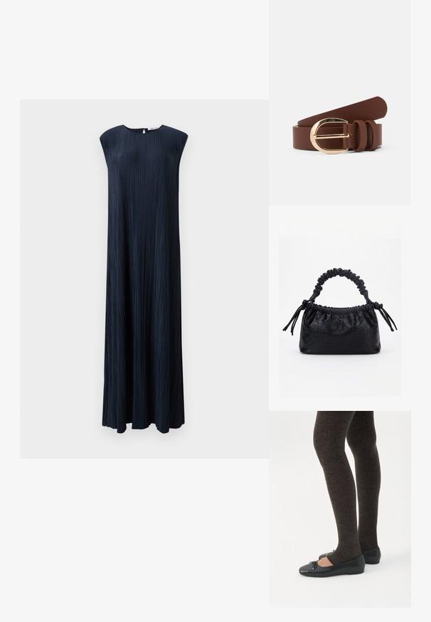 Navyblauwe geplooide mouwloze jurk met een ronde hals, vloeiende silhouet en lange lengte, vervaardigd uit textuurstof.; Benen met donkere geribbelde leggings gecombineerd met zwarte ballerina's met kleine strikdetails op een witte achtergrond.; Zwarte handtas met krokodillenstructuur, geplooide bovenrand, samengevoerde handgreep en koordtassels aan elke kant tegen een witte achtergrond.; Bruine leren riem met een glanzende gouden gesp en twee leren lussen. Gladde textuur, plat ontwerp en afgeronde uiteinden.