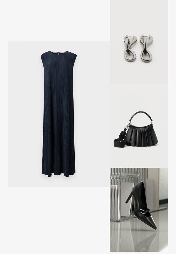 Vestido sin mangas de color azul marino con plisados, cuello redondo, silueta fluida y largo, elaborado en una tela texturizada.; Zapato de tacón alto negro con puntera y correa con hebilla plateada, colocado sobre una superficie reflectante cerca de un organizador de archivos metálico que sostiene papeles.; Bolso negro de cuero plisado con asa corta y correa de hombro ancha de tela desmontable sobre fondo blanco.; Par de pendientes de metal con acabado plateado y diseño abstracto de bucles entrelazados sobre un fondo blanco.