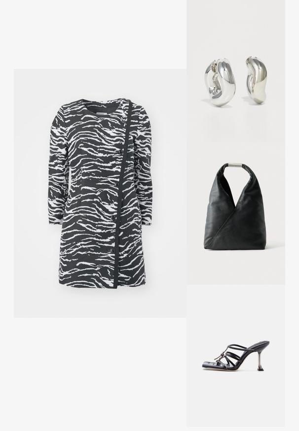 Robe à imprimé zèbre noir et blanc avec des manches longues, un col rond et des boutons sur le côté. Présente un tissu texturé et un design asymétrique.; Sandale à talon haut noire avec brides fines, bout carré et talon stiletto mince, présentant des brides qui se croisent et un nœud décoratif sur le dessus.; Sac à main en cuir noir de forme triangulaire, texture douce et une fermeture cylindrique argentée sur la poignée supérieure.; Boucles d'oreilles sculpturales en argent avec des formes douces et courbes et des surfaces réfléchissantes. Présentent un design de boucle fermée et une forme organique distincte.