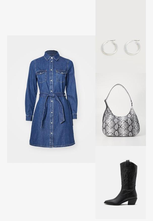 Denimhemdkleid mit langen Ärmeln, durchgehender Knopfleiste, Brusttaschen und einem Kordelzug in der Taille. Verfügt über einen klassischen Kragen und einen mittellangen Saum.; Schwarze Leder-Cowboy-Stiefel mit spitzem Zeh, geprägten, wirbelnden Mustern und einem mittelhohen Absatz. Mit einem Zuglasche für einfaches An- und Ausziehen.; Schultertasche im schwarz-weißen Schlangenprint mit runder Form, glatter Textur und gebogenem Tragegurt. Mit einem silbernen Hardware-Akzent.; Paar mittelgroße glänzende silberne Hoop-Ohrringe mit dünnen Metallverschlüssen auf hellem neutralem Hintergrund.