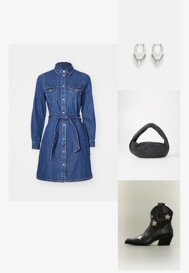 Denimhemdkleid mit langen Ärmeln, durchgehender Knopfleiste, Brusttaschen und einem Kordelzug in der Taille. Verfügt über einen klassischen Kragen und einen mittellangen Saum.; Schwarzer Leder-Cowboystiefel bis zum Knöchel mit mittelhohem schrägem Absatz und weißen sternförmigen Ausschnitten an den Seiten und an der Spitze.; Dunkelgraue Stofftasche mit einem gebogenen Griff, weicher Textur und runder Form. Keine sichtbaren Beschläge oder Verzierungen.; Silberne herzförmige Vorhängeschlösser mit eingravierten "JA"- und "NEIN"-Texten, polierte Oberfläche, symmetrisches Design und einem robusten Metallverschluss.