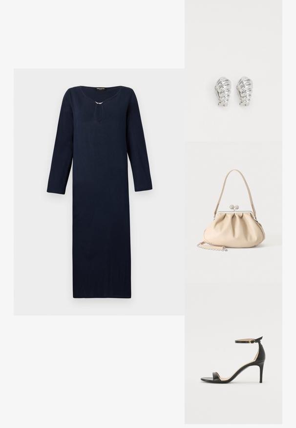 Lange marineblauwe jurk met een ronde hals, driekwart mouwen en een decoratieve zilveren accent bij de hals. Gemaakt van een geweven stof.; Zwarte leren hoge hak sandaal met enkelbandje. Heeft een gladde textuur, open teen en een dunne hak. Gouden gesp detail.; Beige zachte leren handtas met een zilveren metalen frame sluiting, een enkele schouderriem en een optionele kettingriem op een witte achtergrond.; Zilveren clip-on oorbellen met een spiraalontwerp, voorzien van een gladde metallic textuur en ronde vormen. Geen zichtbare versieringen of patronen.