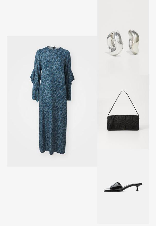 Robe longue bleue avec un motif floral en vert et bleu clair. Présente des manches volantes et un col rond avec une fermeture éclair au dos.; Mule ouverte en cuir verni noir avec un petit talon kitten bas et une large bride sur les orteils, présentée en profil sur un fond uni.; Sac à main noir avec un motif tissé texturé, des accents en cuir, une forme élancée et une longue bandoulière. Détail du logo doré sur le devant.; Boucles d'oreilles sculpturales en argent avec des formes douces et courbes et des surfaces réfléchissantes. Présentent un design de boucle fermée et une forme organique distincte.