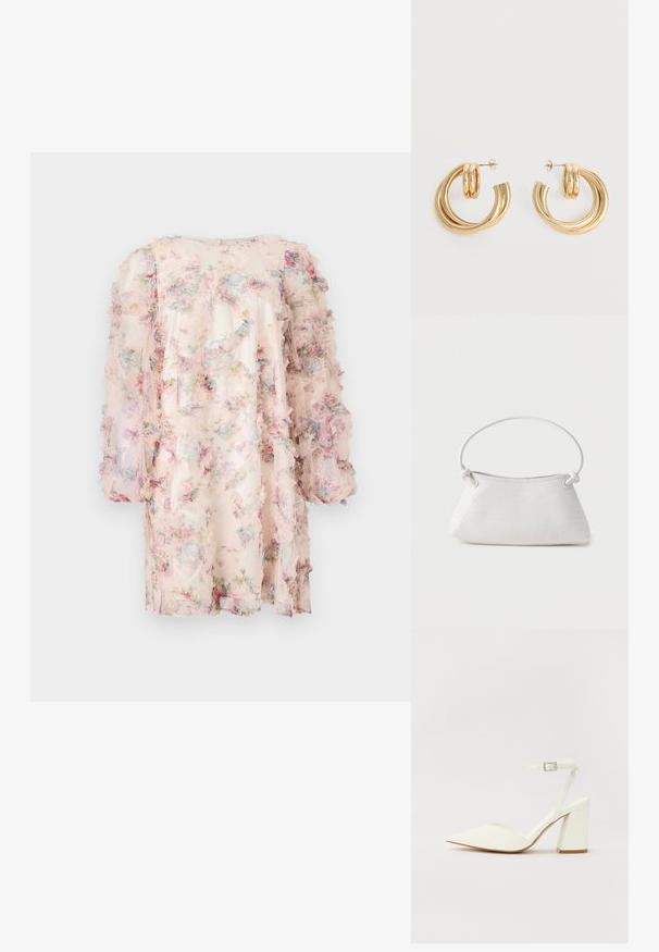 Vestido floral hecho de una tela ligera y transparente con mangas con volantes. Presenta una paleta de colores pastel con patrones florales en rosa, azul y verde.; Sandalia blanca de tacón con puntera afilada, correa ajustable en el tobillo y un tacón cuadrado grueso. Textura lisa con detalles de costura mínimos.; Bolso de mano de cuero blanco tejido con asa redondeada y extremos de la correa anudados, exhibido sobre un fondo liso.; Par de pendientes de aro doble brillante de oro con cierres de presión sobre un fondo blanco.