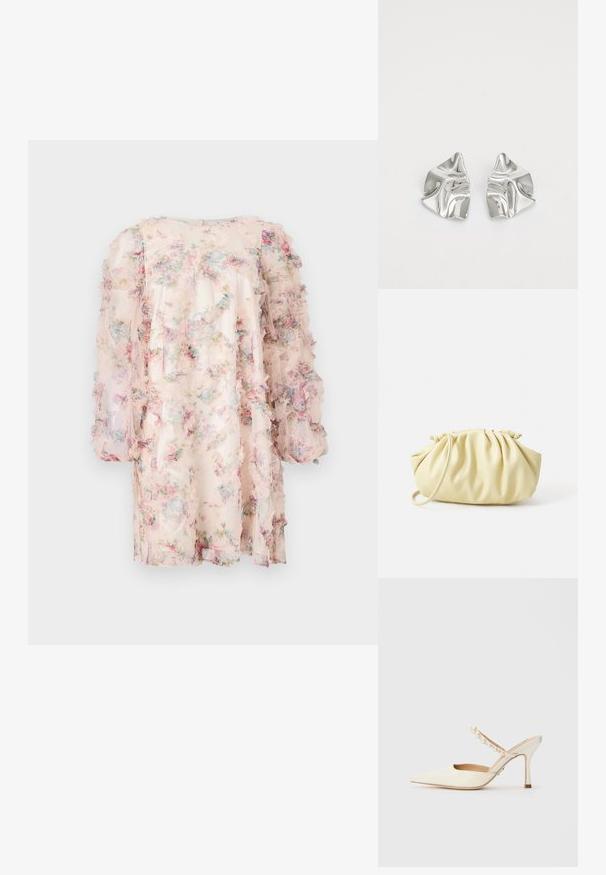 Vestido floral hecho de una tela ligera y transparente con mangas con volantes. Presenta una paleta de colores pastel con patrones florales en rosa, azul y verde.; Steve Madden BRECKI - Zapatos de novia - ivory; Bolso amarillo plisado hecho de cuero sintético suave, con una forma blanda y una sola correa para el hombro, además de un diseño de parte superior recogida.; Pendientes de metal plateado con un diseño ondulado y escultórico, que presentan un acabado pulido y formas irregulares, destacando una estética contemporánea.