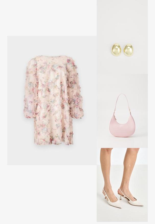 Vestido floral hecho de una tela ligera y transparente con mangas con volantes. Presenta una paleta de colores pastel con patrones florales en rosa, azul y verde.; Tacones slingback de charol beige con punta afilada y un tacón de 5 cm, con lados recortados y una delgada correa en el tobillo.; Call it Spring CELESTY - Bolso de mano - other pink; Pendientes de metal en tono dorado, con forma suave y redondeada y acabado pulido. Diseño sencillo sin adornos adicionales.