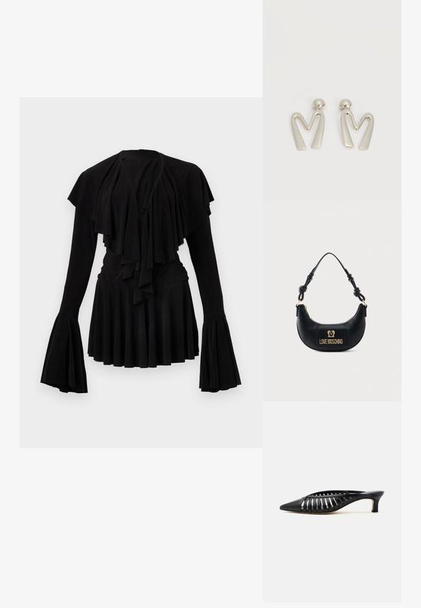 Schwarzes Oberteil mit geschichteten Rüschen am Ausschnitt und langen Glockenärmeln, mit plissiertem Saum und weicher Stofftextur.; Schwarze Leder-Mule mit spitzer Schuhspitze, Riemchen-Design und niedrigem Kittenheel auf weißem Hintergrund.; Schwarze Halbmond-Handtasche mit geknotetem Griff und goldener "Love Moschino" Logo-Plakette vorne, Reißverschluss oben.; Paar silberfarbene Metallohrringe in Form des kantigen Buchstabens M mit abgerundeten Stegen auf weißem Hintergrund.
