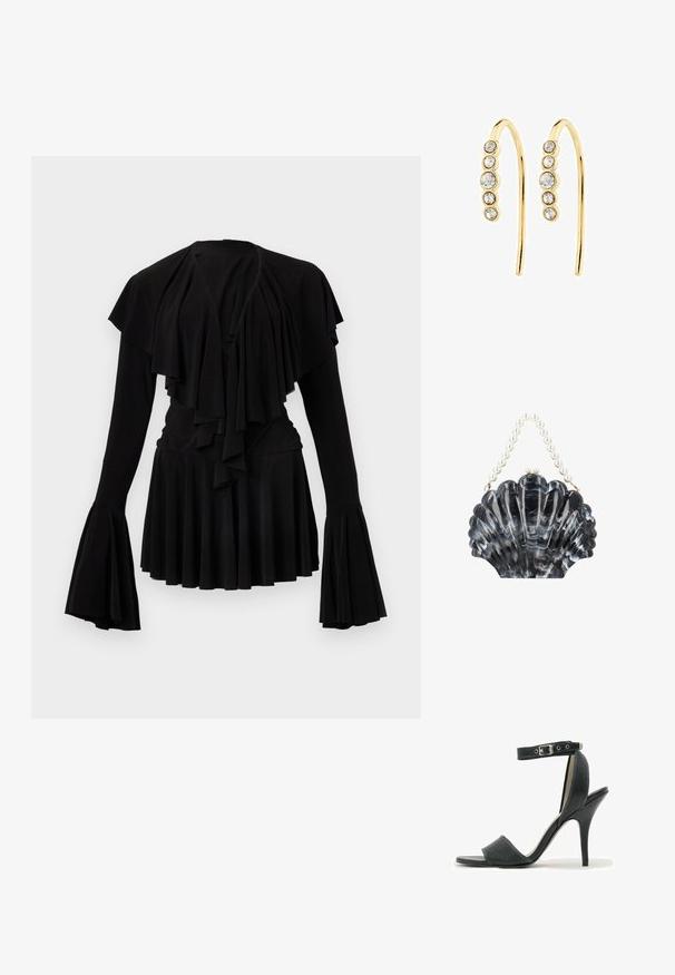 Haut noir avec volants superposés au niveau de l'encolure et manches longues évasées, ourlet plissé et texture de tissu douce.; Sandale noire à talon haut avec bride à la cheville et boucle, bout ouvert et talon fin sur fond blanc.; Pochette en forme de coquillage marbrée noir et gris, avec une fermeture à clapet et une poignée constituée de grosses perles blanches.; Boucles d'oreilles dorées au design incurvé, agrémentées de six pierres transparentes serties sur un côté, créant un look délicat et moderne.
