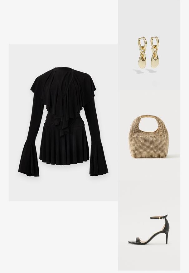 Schwarzes Oberteil mit geschichteten Rüschen am Ausschnitt und langen Glockenärmeln, mit plissiertem Saum und weicher Stofftextur.; Schwarze Leder-high-heeled Sandale mit Knöchelriemen. Verfügt über eine glatte Textur, offene Zehen und einen dünnen Absatz. Goldfarbener Schnallenakzent.; Kleine Handtasche in Gold-Ton, bedeckt mit glänzenden runden Nieten, mit kurzem Griff und rechteckigem Ausschnitt oben.; Goldene Creolenohrringe mit einem verknüpften Design und glatten, tropfenförmigen Akzenten. Der reflektierende Finish erhöht die visuelle Anziehungskraft.