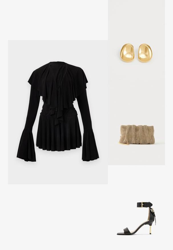 Schwarzes Oberteil mit geschichteten Rüschen am Ausschnitt und langen Glockenärmeln, mit plissiertem Saum und weicher Stofftextur.; Schwarze Leder-Absatzsandale mit quadrater Zehenform, Fesselriemen mit einer goldenen Schnalle und einem schlanken, metallischen Absatz. Glatte Textur, minimalistisches Design.; Kleine goldene Mesh-Clutch mit gerafftem Design und teilweise sichtbarem goldenen Kettengurt auf einfachem weißem Hintergrund.; Goldfarbene Ohrstecker mit einer glatten, runden Form und einer reflektierenden Oberfläche, die ein minimalistisches Design ohne sichtbare Muster zeigen.