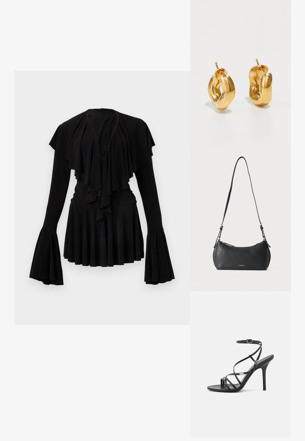 Schwarzes Oberteil mit geschichteten Rüschen am Ausschnitt und langen Glockenärmeln, mit plissiertem Saum und weicher Stofftextur.; Schwarze High-Heel-Sandale mit dünnen Riemen, einem Knöchelverschluss, einer glatten Lederoberfläche und einem schlanken Stiletto-Absatz.; Kleine schwarze Lederschultertasche mit verstellbarem Riemen und goldenem Reißverschluss, mit dezentem goldenem Markenschriftzug vorne.; Fette goldene Creolen mit einem leicht verdrehten, röhrenförmigen Design und Steckverschlüssen auf einem weißen Hintergrund.