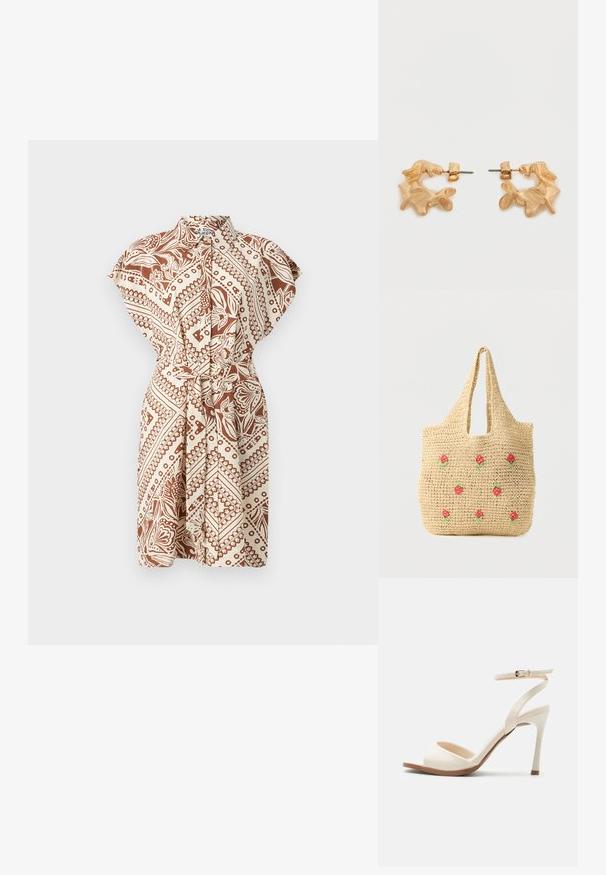 Kauluksellinen, lyhythihainen mekko ruskea-beige-kuvioinnilla, vyötärölle sidottu vyö ja rento istuvuus. Ominaisuuksiin kuuluu kietaisumalli ja sileä kangaspinta.; Beige korkokengät, joissa ohut nilkkahihna ja kullanvärinen solki, avoin varvas ja hoikka piikkikorko valkoisella taustalla.; Beige kudottu ostoskassi lyhyillä kahvoilla, koristeltu pienillä punaisilla ja vihreillä kirjotulla kukilla, jotka on sijoitettu etupuolelle tasaisesti.; Kultasävyiset korvakorut, joissa on abstrakti, orgaaninen muoto ja teksturoitu pinta sekä takakiinnityksellä varustettu lukko.