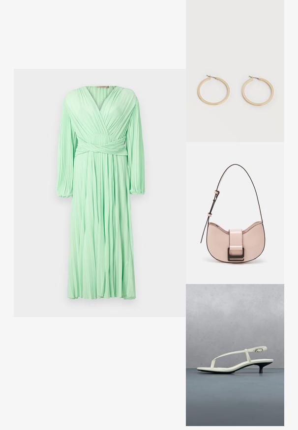 Vestido plisado verde menta con escote en V y mangas largas, que presenta un detalle de cintura envolvente y una tela fluida.; Sandalia blanca de tacón kitten con tiras y punta afilada, flotando sobre un suelo de baldosas de madera al aire libre, con un fondo desenfocado de plantas y pared.; Pequeño bolso de piel rosa curvado con un acabado brillante, que presenta una correa de acento negra y un gran cierre de broche negro. Diseño cruzado.; Par de pendientes de aro de tamaño mediano con tono dorado y cierre de bisagra sobre un fondo claro y liso.