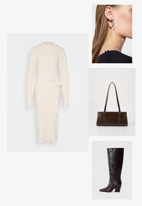 Pletené šatové šaty v off-white farbe s dlhými rukávmi, s vysokým golierom a detailom viazania v páse, s priliehavým strihom.; Bordové kožené čižmy po kolená s špicatou špičkou, textúrovaným povrchom a blokovým podpätkom. Obsahuje pásik s akcentom strieborného pracky.; Hnedá lakovaná kožená kabelka s obdĺžnikovým tvarom, dvoma dlhými rúčkami a jemne zakrivenými akcentami na prednej strane.; Strieborná kruhová náušnica s lesklým povrchom, obsahujúca malé zlaté akcenty a okrúhly tvar, nosená na lalôčiku ucha.