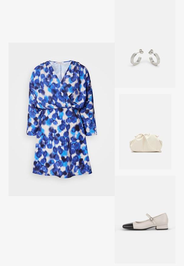 Robe à motifs léopard bleu et blanc avec un design à enroulement, col en V, manches trois-quarts et une texture de tissu fluide.; Chaussure de style Mary Jane en cuir crème avec un bout en vernis noir. Présente un bout rond, une sangle de cheville avec une boucle carrée et un petit talon carré.; Pochette en cuir souple couleur crème avec un design froncé et une fine bandoulière reposant à l’avant sur un fond uni.; Boucles d'oreilles en métal argenté avec un design texturé, dotées d'un petit fermoir et d'une marque sur une des hoops. Forme arrondie avec une finition polie.