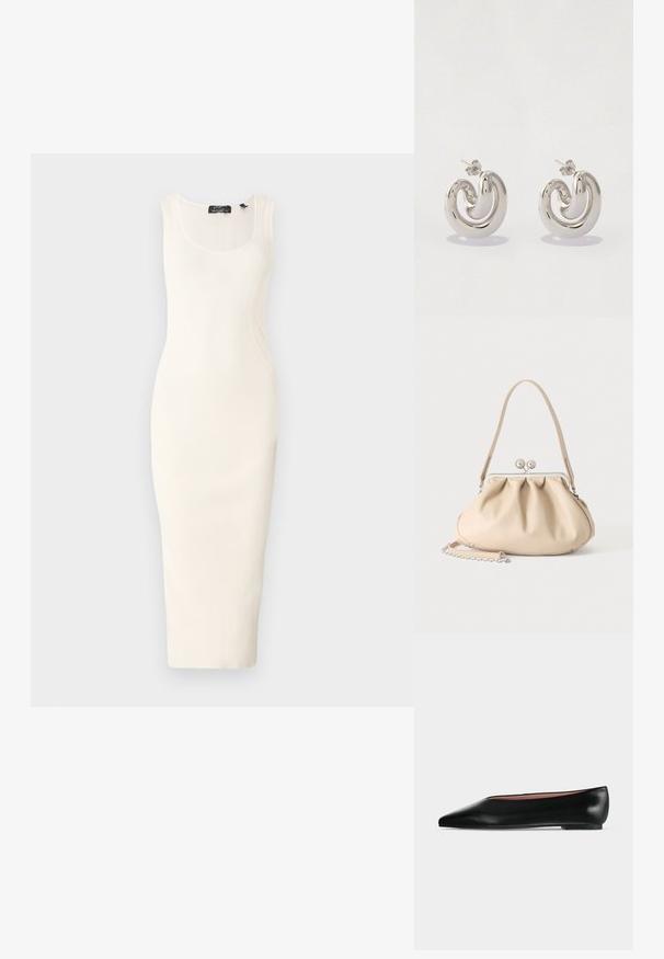 Vestido midi sin mangas de canalé en color blanco roto con una silueta ajustada. Presenta un escote en forma de scoop y sutiles detalles de costura curva.; Zapato plano negro de cuero para mujer con punta puntiaguda y tacón bajo, mostrado de lado sobre un fondo liso gris claro.; Bolso de mano de cuero suave beige con cierre de marco metálico plateado, una correa para el hombro y una correa de cadena opcional sobre un fondo blanco.; Pendientes de metal plata con un diseño en espiral, que presentan superficies lisas y un acabado pulido, asegurados con un cierre de mariposa.