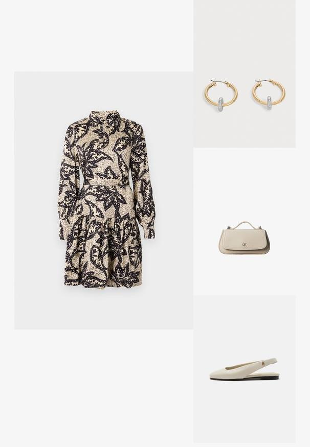 Bloemendruk jurk in cream en zwart, met een kraag, lange mouwen en een gelaagde, gerimpelde zoom. Gemaakt van soepele stof.; Crèmekleurige leren slingback platte schoen met ronde neus en klein gouden embleem op het bandje.; Kleine beige leren handtas met bovenhandvat en zilveren CK-logo op de voorflap, getoond tegen een witte achtergrond.; Paar goudkleurige creolen met kleine zilverkleurige lusdetail op elk, weergegeven tegen een lichtgrijze achtergrond.