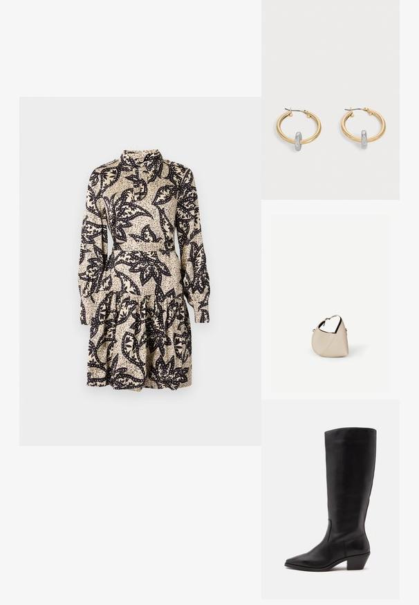 Vestido de estampado floral en crema y negro, con cuello tipo chal, mangas largas y un dobladillo en volantes en capas. Fabricado en un tejido suave.; Bota de cuero negra hasta la mitad de la pantorrilla con puntera puntiaguda y tacón bajo inclinado sobre un fondo claro y liso.; Bolso de cuero beige en forma de media luna con una sola correa para el hombro y costuras mínimas, colocado sobre un fondo blanco liso.; Par de pendientes de aro en tono dorado con pequeño detalle de aro en tono plateado en cada uno, expuestos sobre un fondo gris claro.