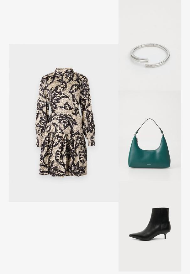 Vestido de estampado floral en crema y negro, con cuello tipo chal, mangas largas y un dobladillo en volantes en capas. Fabricado en un tejido suave.; Botín de piel negra con puntera puntiaguda y tacón bajo estilo kitten sobre fondo claro, mostrando vista lateral exterior.; Bolso de mano en color teal con forma curva y una correa para el hombro, presentando un sutil logo de Calvin Klein en la parte frontal sobre un fondo blanco liso.; Calvin Klein SPIRAL - Pulsera - silver-coloured