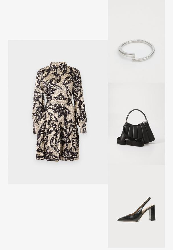 Sukker med blomsterprint i creme og sort, med krave, lange ærmer og et lagdelt, flæset kant. Lavet af glat stof.; Sort læder peep-toe slingback sko med høj blokhæl og beige indvendig foring mod en ensfarvet lys baggrund.; Sort plisseret handbag med et rundet håndtag, justerbar rem og blank overflade. Har sølvfarvet hardware og en struktureret silhuet.; Calvin Klein SPIRAL - Armbånd - silver-coloured
