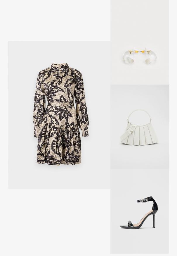 Vestido de estampado floral en crema y negro, con cuello tipo chal, mangas largas y un dobladillo en volantes en capas. Fabricado en un tejido suave.; Sandalia de tacón alto en piel sintética negra con correa en el tobillo. Presenta un diseño minimalista, punta abierta y una hebilla con detalles de pedrería.; Lacoste LENGLEN BAG - Bolso de mano - cristalline; Pendientes de aro de acrílico transparente con acentos dorados, que presentan un diseño curvado y un cierre transparente. Textura suave, estilo minimalista.