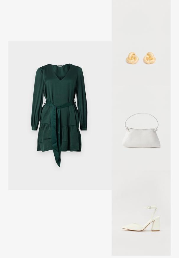 Vestido verde de manga larga en tejido suave y texturizado. Presenta un escote en V, un lazo en la cintura y una falda con volantes. Diseño simple y elegante.; Sandalia blanca de tacón con puntera afilada, correa ajustable en el tobillo y un tacón cuadrado grueso. Textura lisa con detalles de costura mínimos.; Bolso de mano de cuero blanco tejido con asa redondeada y extremos de la correa anudados, exhibido sobre un fondo liso.; Par de pendientes de botón en forma de nudo con acabado dorado brillante sobre un fondo blanco liso.