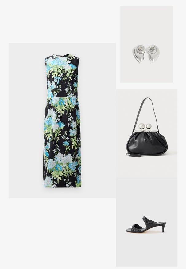 Mouwloze bloemenjurk met een zwarte achtergrond, voorzien van blauwe en groene bloemen, een soepele textuur, een knielange snit en een ronde halslijn.; Zwarte sandalen met hak en een vierkante neus, gemaakt van glad leer. Voorzien van geplooide bandjes en een slanke hak voor extra hoogte.; Zwarte leren handtas met een geplooid ontwerp, een enkele schouderband, zilverkleurige metalen omlijsting en twee grote ronde zilveren sluitingen.; Paar glanzende zilverkleurige metalen oorbellen met een spiraalvormig ontwerp en een cirkelvormige steen in het midden op een effen witte achtergrond.