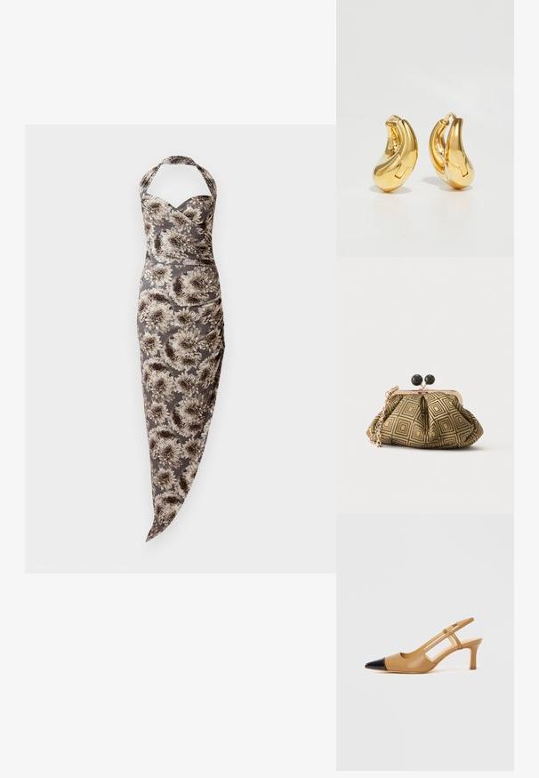 Robe ajustée à col halter avec un grand imprimé floral gris et beige, côtés froncés et ourlet asymétrique.; Escarpins slingback couleur fauve avec embout pointu noir, côtés découpés et talon bloc de hauteur moyenne. Matière en cuir lisse.; Petite pochette avec motif géométrique doré et noir, cadre en métal doré, fermeture à boule noire et une courte chaîne dorée.; Boucles d'oreilles en or en forme de d'anneaux lisses et courbés avec une finition polie. Équipées d'un mécanisme de fermeture et de légères indentations pour le détail.