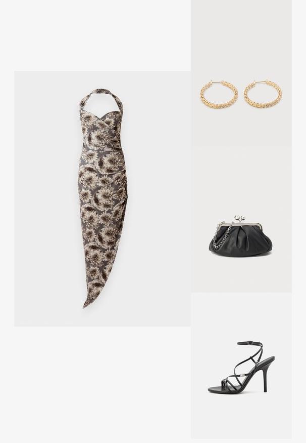 Halter neck fitted kjole med grå og beige store blomsterprint, rynkede sider og asymmetrisk kant.; Sort højhælet sandal med tynde stropper, en ankelspænde, en glat læderoverflade og en slank stilethæl.; Sort læder clutch med samlet tekstur, sølvfarvet metalramme, kys-lås lukning og kædestrop. Glat, blød overflade.; Par guldcreoler med klare, runde ædelstene, vist på en ensfarvet hvid baggrund.