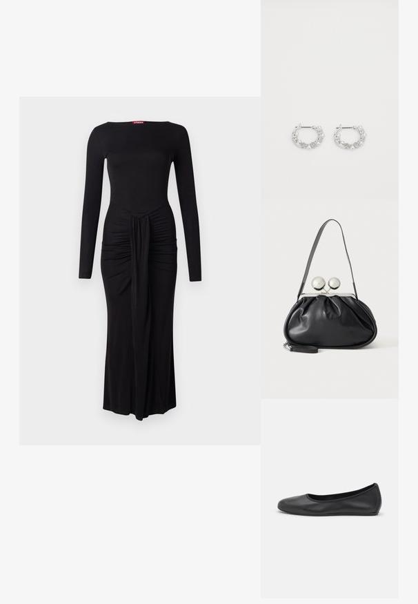 Robe noire à manches longues avec un corsage ajusté, texture froncée à la taille et ourlet droit, fabriquée en tissu extensible doux.; Ballerines en cuir noir avec un bout rond, texture lisse, détails de couture minimalistes et design de semelle flexible.; Sac à main en cuir noir avec un design plissé, une sangle unique, un cadre métallique argenté et deux grandes fermoirs ronds en argent.; Boucles d'oreilles en argent en forme de créoles avec des accents de perles et de cristaux, présentant une surface texturée et une fermeture à tige sécurisée.