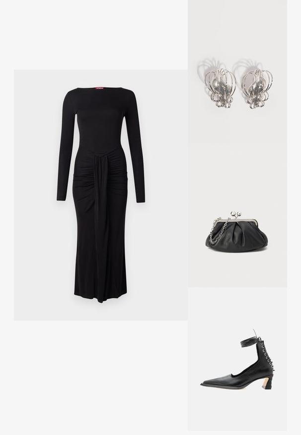 Black long-sleeve dress with a fitted bodice, gathered texture at the waist, and a straight hem, made of soft stretch fabric.; Black leather low-heeled shoe with pointed toe, back lace-up detail, and ankle wrap strap against a plain white background.; Black leather clutch with gathered texture, silver-tone metal frame, kiss-lock closure, and chain strap. Smooth, soft surface.; Pair of silver metal earrings with open wire cage design and smooth central oval shapes casting curved shadows on a white background.