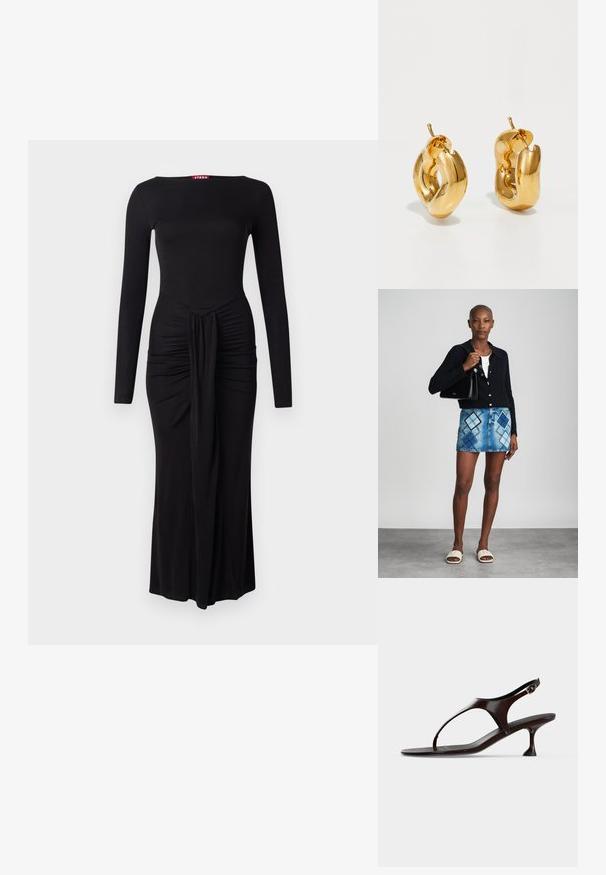 Robe noire à manches longues avec un corsage ajusté, texture froncée à la taille et ourlet droit, fabriquée en tissu extensible doux.; Sandale slingback en cuir verni marron foncé avec petit talon et bride entre les orteils sur fond blanc.; Un cardigan en maille noir, un haut blanc, une jupe en denim avec un motif de diamants bleus et noirs, un sac à main noir et des sandales à enfiler beiges.; Boucles d'oreilles créoles en or massif avec un design tubulaire légèrement tordu et des fermoirs à tige sur un fond blanc.