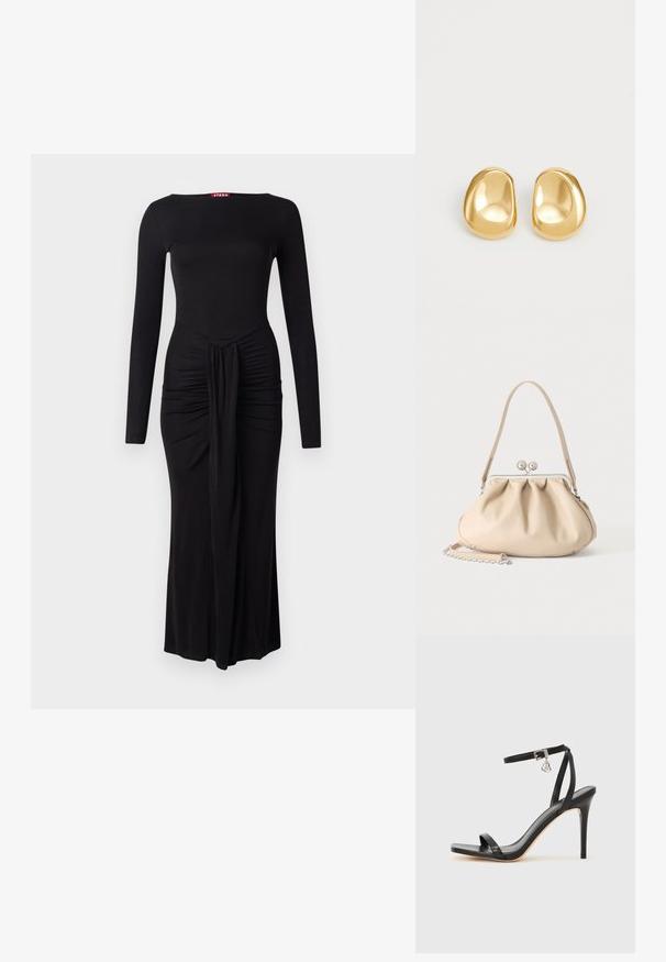 Robe noire à manches longues avec un corsage ajusté, texture froncée à la taille et ourlet droit, fabriquée en tissu extensible doux.; Sandale à talon haut noire avec une bride étroite à la cheville, bout carré, cuir lisse et accent de boucle métallique.; Sac à main en cuir souple beige avec un fermoir en métal argenté, une bandoulière simple et une bandoulière chaîne optionnelle sur fond blanc.; Boucles d'oreilles en forme de clou de couleur or, avec une forme lisse et arrondie et une surface réfléchissante, mettant en avant un design minimaliste sans motifs visibles.