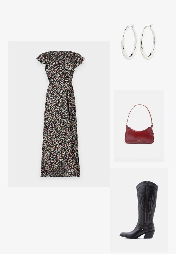 Zwarte bloemen maxi-jurk met korte fladdermouwen, voorzien van een getailleerde taille en een vloeiende rok versierd met roze, blauwe en beige bloemen.; Zwarte leren cowboylaarzen met een puntige neus, zichtbare stiksels, zilveren studaccenten en een ritssluiting aan de binnenkant.; Kleine glanzende donkerrode handtas met enkele band, zilverkleurige rits en "RAID"-logo middenvoor.; Zilveren oorbellen in de vorm van een gladde, glanzende ring. Circulaire vorm, voorzien van een veilige sluiting. Eenvoudig en elegant ontwerp.