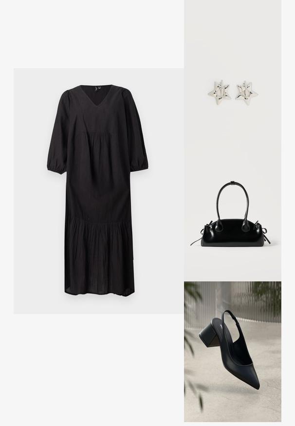 Robe midi noire avec col en V, manches longues bouffantes, taille froncée et jupe à étages sur fond blanc.; Escarpin noir en cuir avec un bout pointu et un talon bloc. Texture lisse, design minimaliste et bride de cheville réglable.; Petit sac à main noir brillant avec deux longues anses et des détails à cordon sur les côtés sur un fond clair uni.; Boucles d’oreilles créoles en forme d’étoile argentée avec une finition lisse et polie sur un fond blanc uni.