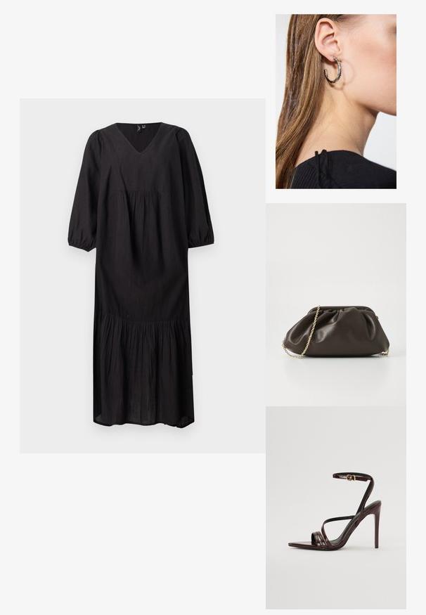 Robe midi noire avec col en V, manches longues bouffantes, taille froncée et jupe à étages sur fond blanc.; Sandale à talons hauts en cuir verni bourgogne avec une bride de cheville, bout pointu et trois bandes horizontales sur le pied. Détail de boucle dorée.; Sac à main en cuir marron avec un design froncé, une bandoulière en chaîne dorée et une finition douce et texturée. Sa forme compacte est idéale pour une utilisation en soirée.; Boucle d'oreille en argent avec une finition polie, présentant de petits détails en or et de forme ronde, portée sur le lobe.