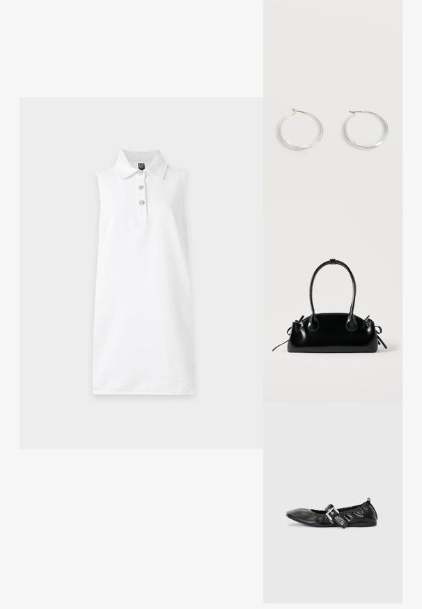 Robe polo blanche sans manches avec un col et trois boutons sur la patte de boutonnage devant, sur fond gris clair.; Chaussure plate en cuir noir avec un nez pointu, des détails froncés autour de l'ouverture et un accent en boucle argentée sur la bride ajustable.; Petit sac à main noir brillant avec deux longues anses et des détails à cordon sur les côtés sur un fond clair uni.; Boucles d’oreilles créoles en métal argenté avec une surface lisse légèrement incurvée et des fermoirs à clapet sur un fond blanc uni.