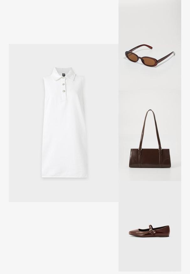 Robe polo blanche sans manches avec un col et trois boutons sur la patte de boutonnage devant, sur fond gris clair.; Ballerine en cuir verni marron avec un bout carré et une lanière ornée d'une petite boucle dorée. Texture lisse, talon bas et design minimaliste.; Lunettes de soleil rondes teinte brun avec une monture bordeaux brillante. Branches fines avec un détail de marque subtil. Design de verres plats.; Sac à main en cuir verni marron de forme rectangulaire, avec deux longues poignées et des accents courbés subtils à l'avant.