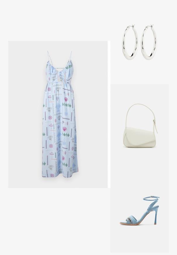 Vestido largo de color azul claro con tirantes finos, que presenta un escote fruncido y un estampado colorido de temática veraniega de plantas y conchas en toda la prenda.; Sandalia de tacón alto de mezclilla azul claro con correa en el tobillo, puntera abierta y detalle de cremallera plateada y charm en la correa frontal.; Bolso de mano de imitación cuero blanco con una forma triangular estructurada, correa ajustable única y cierre con solapa acentuada en curva.; Pendientes de aro de plata con un acabado suave y brillante. Forma circular, con un cierre seguro. Diseño sencillo y elegante.