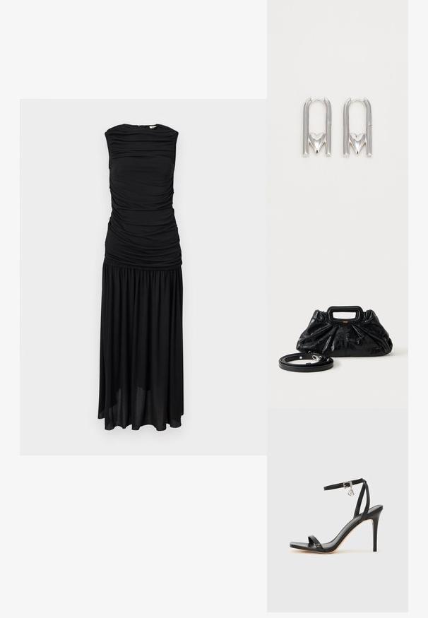 Robe midi noire sans manches avec corsage froncé et jupe plissée, fermeture éclair à l'arrière, présentée sur un fond clair uni.; Sandale à talon haut noire avec une bride étroite à la cheville, bout carré, cuir lisse et accent de boucle métallique.; Petit sac à main en cuir noir avec texture froncée, poignée rectangulaire et fine bandoulière amovible placée à côté.; Boucles d'oreilles en métal argenté présentant une forme en U avec un accent en forme de cœur à la base, une texture lisse et une finition polie.