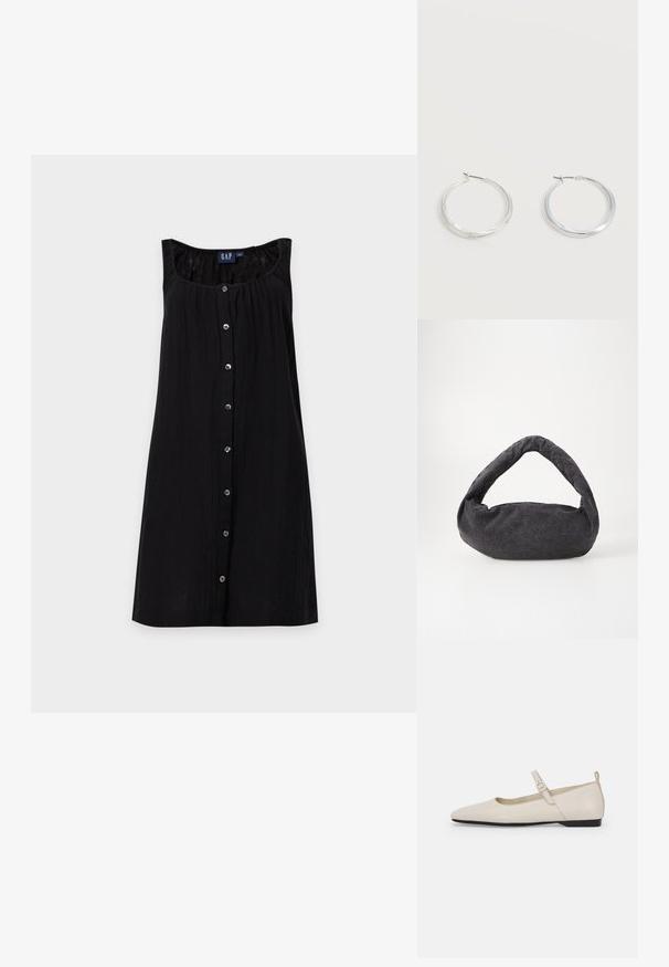 Robe noire sans manches avec boutons devant, encolure dégagée et coupe décontractée. Étiquette bleue GAP visible à l’intérieur du col.; Ballerines en cuir blanc avec bout pointu, bride à la cheville et petit talon noir. Texture lisse avec des accents minimaux.; Sac en tissu gris foncé avec une anse courbée, texture douce et forme arrondie. Pas de matériel ou d'embellissements visibles.; Boucles d’oreilles créoles en métal argenté avec une surface lisse légèrement incurvée et des fermoirs à clapet sur un fond blanc uni.