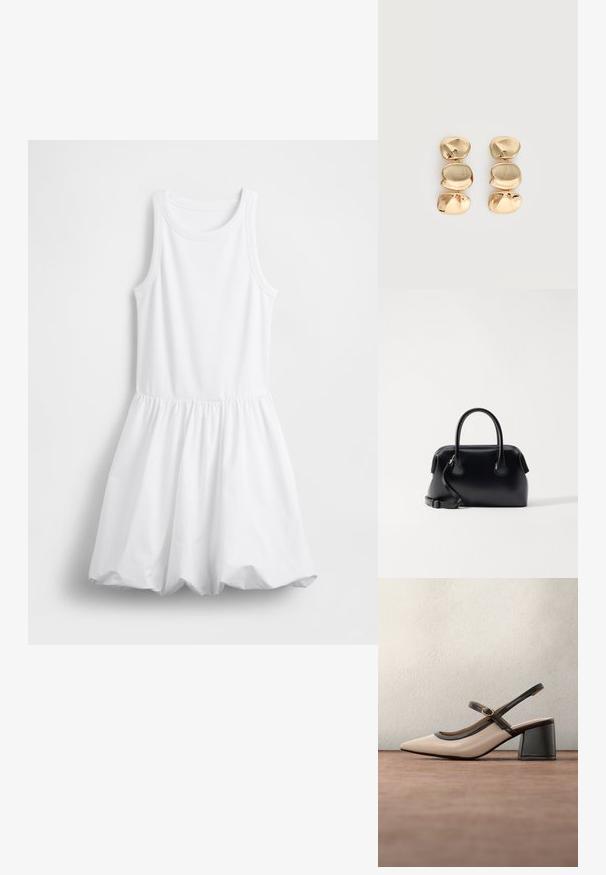 Robe débardeur blanche avec un haut ajusté et une jupe évasée et plissée. Fabriquée en coton doux, avec une texture côtelée.; Chaussure beige à talons hauts avec bride arrière, bout pointu, bordure noire et détail boucle. Matériau lisse à finition mate, talon moyen épais.; Osoi BOAT BROT - Sac à main - black; Boucles d’oreilles pendantes ton or avec trois segments irréguliers, lisses et arrondis empilés verticalement sur un fond clair uni.