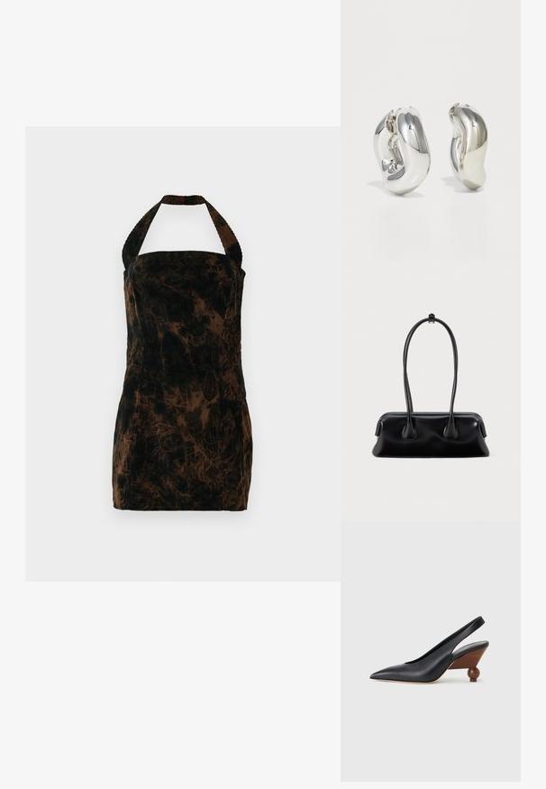 Brun fløjls halterneck kjole med en tætsiddende form og abstrakt mønster. Tekstureret stof og firkantet udskæring.; Sort slingback-sko med spids tå, træblokhæl med rund form og glat læderoverdel på en lysegrå baggrund.; Sort læderhåndtaske med to forlængede håndtag, en glat tekstur og en rund bund med dekorative detaljer på siderne.; Sølvskulpturelle øreringe med glatte, buede former og reflekterende overflader. Har et lukket hoop-design og en markant organisk form.