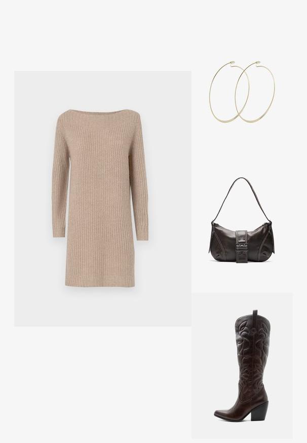 Strikklædt kjole i beige med off-the-shoulder udskæring, lange ærmer, ribbet tekstur og en afslappet pasform.; Høj mørkebrun læder cowboystøvle med syede dekorative mønstre, spids tå og stablet blokhæle.; Brun læder skuldertaske med en buet form, der har et fremtrædende spænde, kontrasterende syninger og en enkelt skulderrem.; Pilgrim Øreringe - gold-coloured