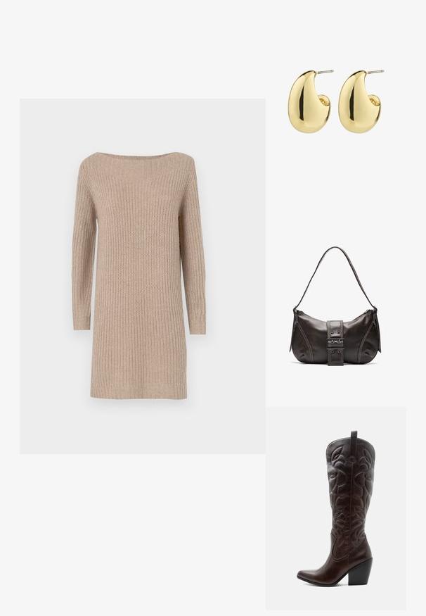 Beige kudumeln dress, millel on õlavarrevaheline kaelus, pikad varrukad, soonikstruktuur ja vabalt laskuv lõige.; Kõrge tumepruun nahast kauboi saabas, millel on õmmeldud dekoratiivsed mustrid, terava varbaosaga ja kuhjatud plokk-kontsaga.; Pruunist nahast õlakott kumerate joontega, millel on silmapaistev pandla detail, kontrastne õmblus ja üks õlavarre rihm.; Kuldsetes toonides käevõruga kõrvarõngad, millel on sile, poleeritud pind ja abstraktne, tilgakujuline kuju. Lihtne metallpostiga kinnitus.